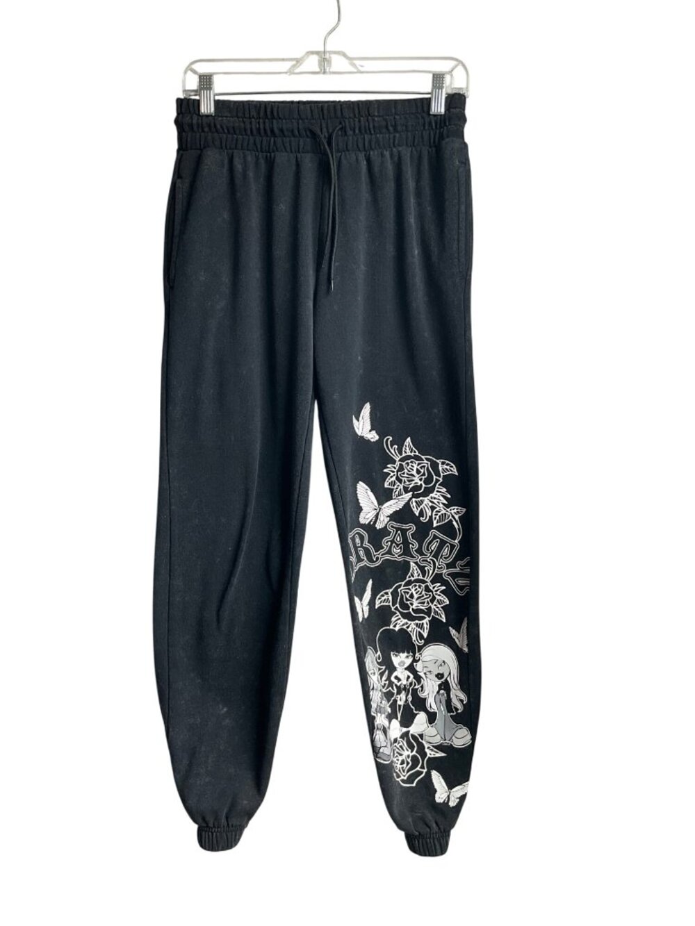 Bratz Small Black Pull On Joggers Pants Rose & Butterfly Graphic Whimsical Y2K